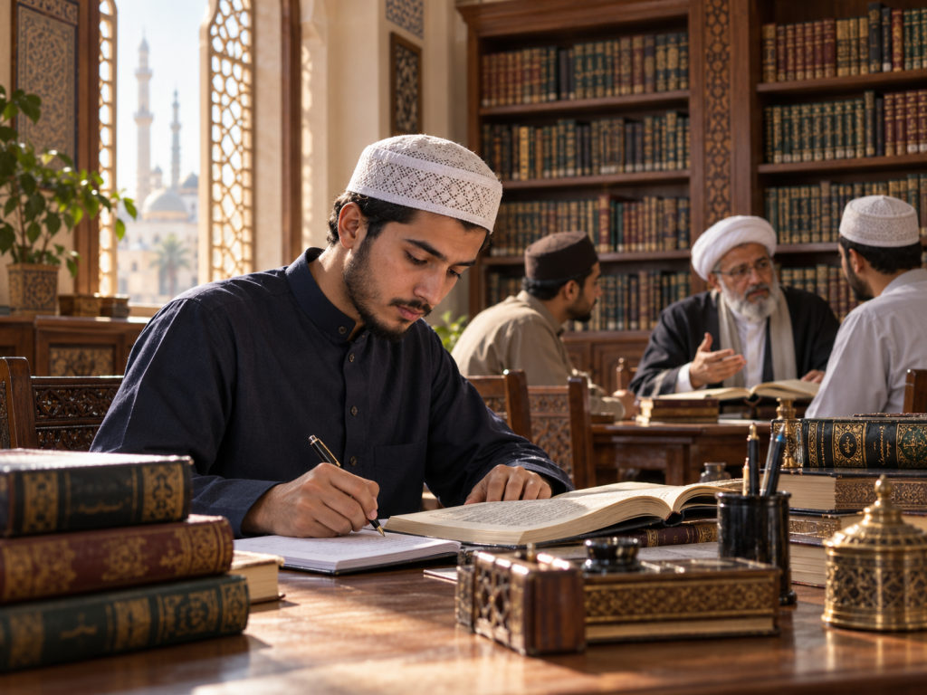 طالب يدوّن ملاحظاته في مكتبة علميّة إسلاميّة