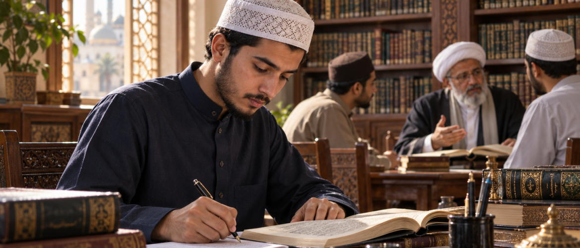 طالب يدوّن ملاحظاته في مكتبة علميّة إسلاميّة