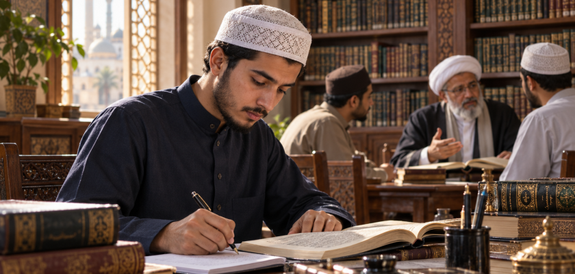 طالب يدوّن ملاحظاته في مكتبة علميّة إسلاميّة