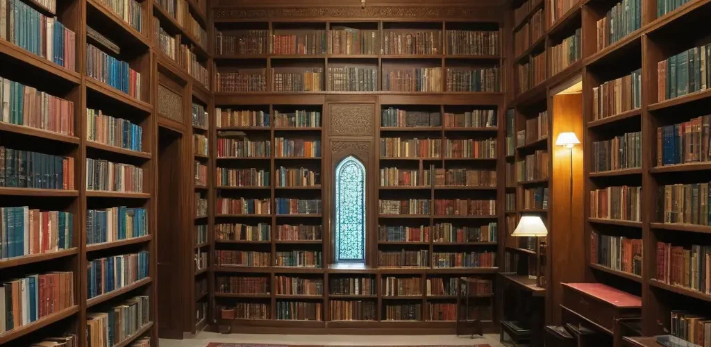 مكتبة إسلاميّة تضمّ رفوف كتب وكتابًا مفتوحًا في قاعة مطالعة