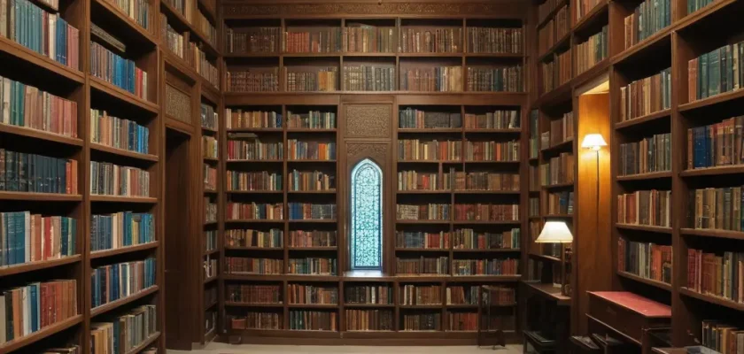 مكتبة إسلاميّة تضمّ رفوف كتب وكتابًا مفتوحًا في قاعة مطالعة