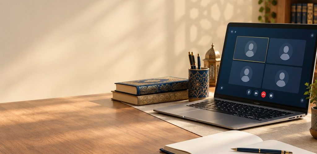 حاسوب ومواد دراسيّة ترمز إلى مقابلات القبول الإلكترونيّة في أكاديميّة الكلمة