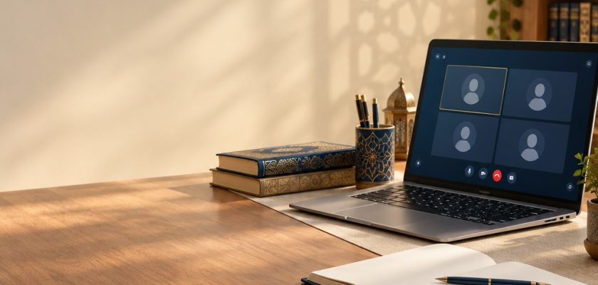 حاسوب ومواد دراسيّة ترمز إلى مقابلات القبول الإلكترونيّة في أكاديميّة الكلمة